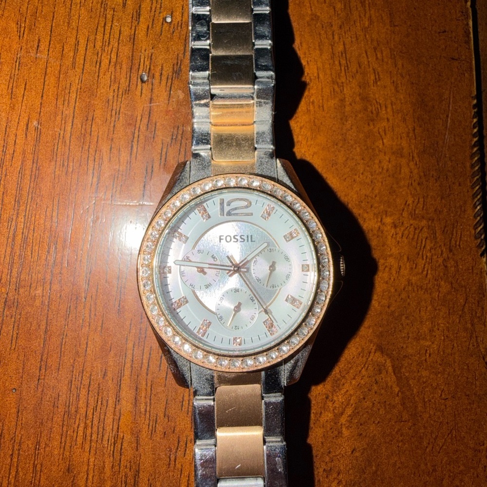 Fossil Rose Gold and Silver Watch with Crystal Bezel